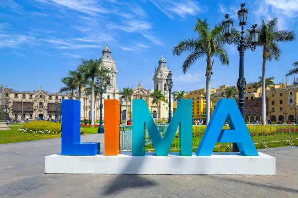 Colorful Lima sign in historic plaza.