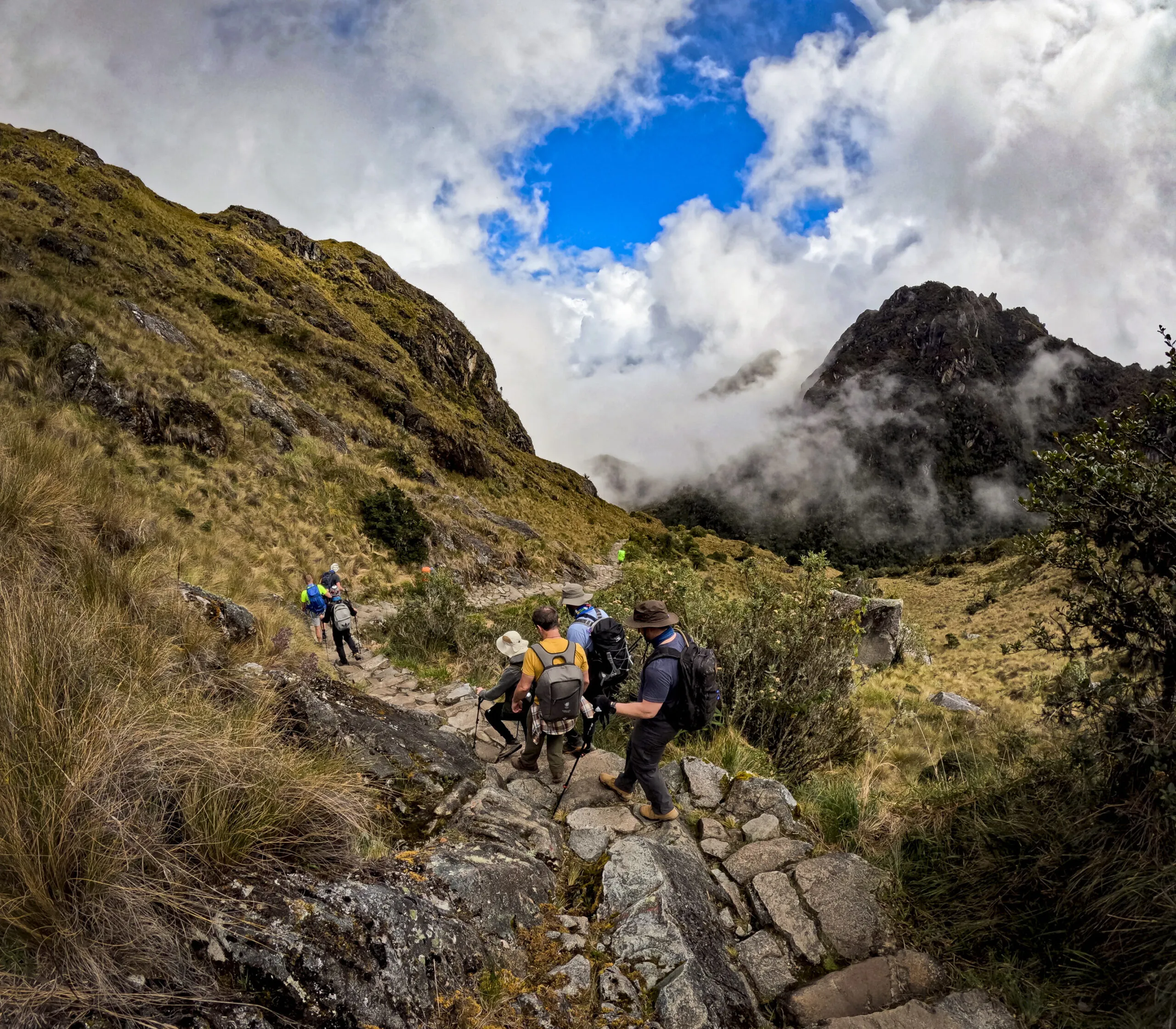 GOPR5131 Hikers on the Inca Trail with mountain view.
