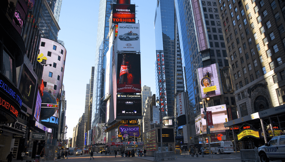 Times Square skyscrapers and digital billboards daytime